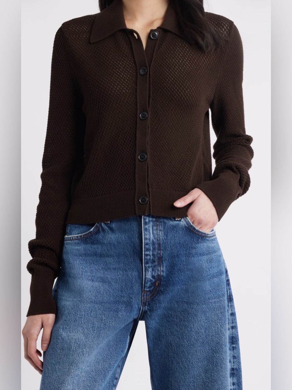 Frame lace knit cardigan in chocolate brown (s)